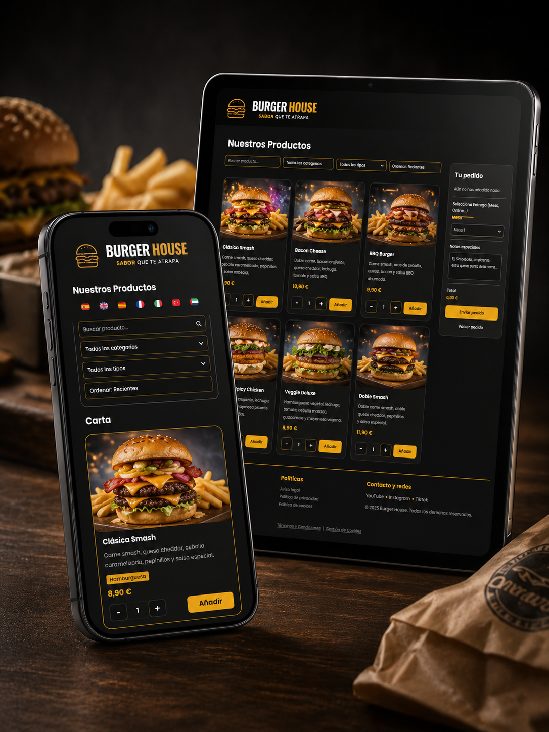 Carta digital para hamburgueserías y burgers con pedidos online